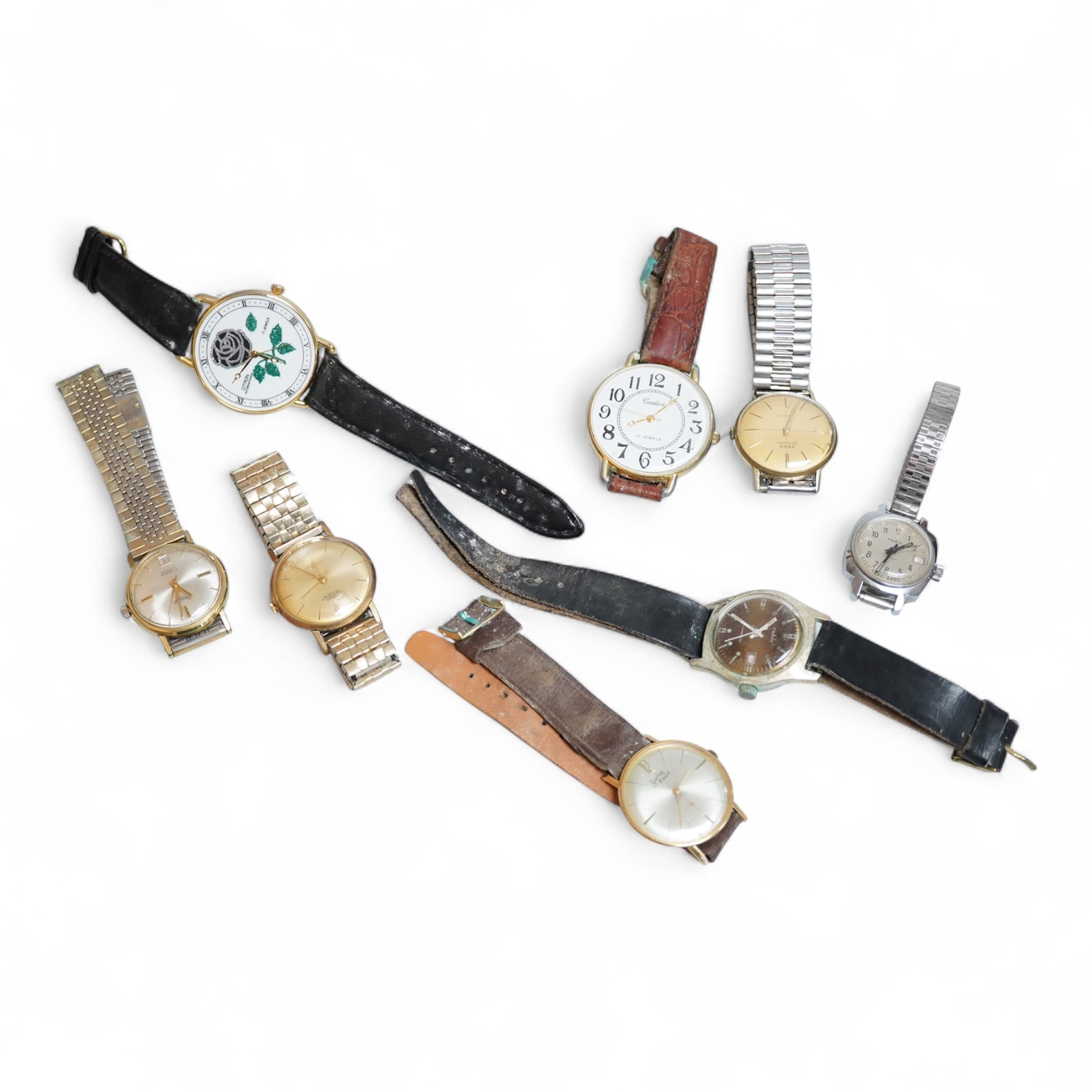 Eight assorted mainly gentleman's wrist watches, including a steel and gold plated Trident, Fero and over sized Citron.